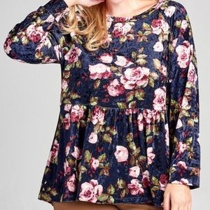 Navy Floral Velvet Top